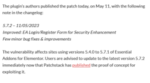 Addons for Elementor. Users are advised to update to the latest version