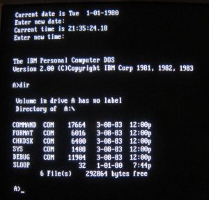 The start-up screen for MS DOS 2.0 on an IBM PC. 
