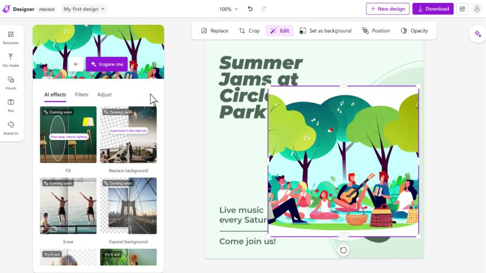 بخشی از برنامه عکس هوش مصنوعی Microsoft Designer